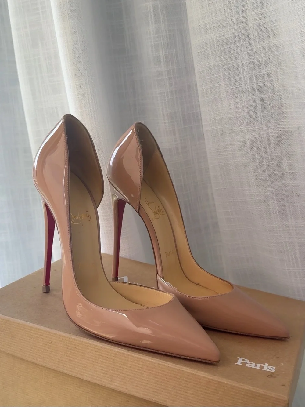 Christian Louboutin Nude Patent Pointed-Toe Pumps with Red Soles